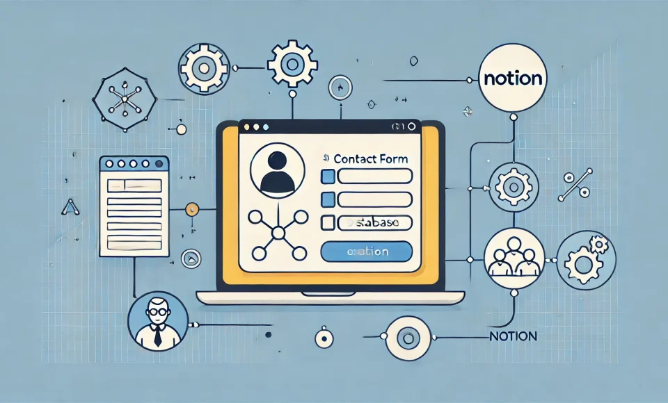 DALL·E 2024-07-23 10.49.45 - An illustration showing a seamless integration between a contact form on a website and a Notion database. The image depicts a contact form on a laptop